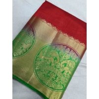 Kanchipuram Rawsilk Elephant Border Contrast Saree Bahubali - Maroon x Green