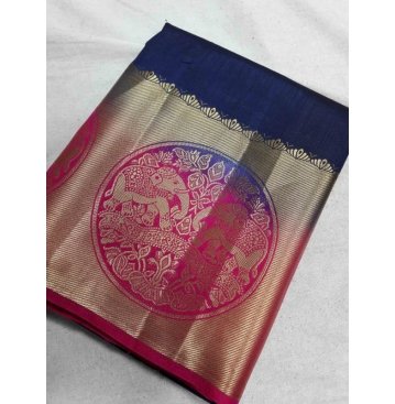 Kanchipuram Rawsilk Elephant Border Contrast Saree Bahubali - Neavy Blue X Rani
