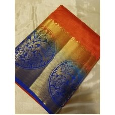 Kanchipuram Rawsilk Elephant Border Contrast Saree Bahubali -Orange X Royal Blue 